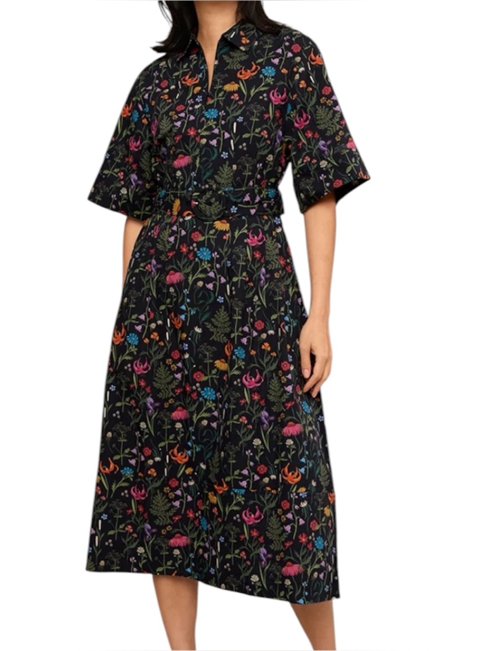 NWT Mixed by Nasrin Black Floral Belted Midi Shirt Dress Size Small